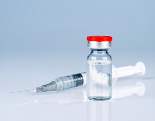 A vial of clear liquid medicine stands next to a syringe on a reflective surface.