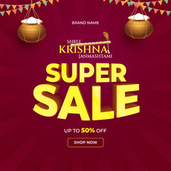 Happy janmashtmi sale banner with dahi handi. Vector illustration of Happy Krishna Janmashtami Sale social media feed template