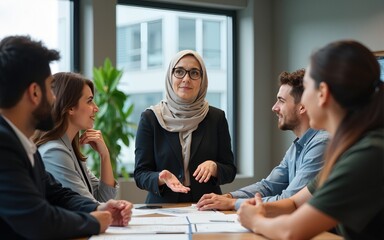 An older Muslim businesswoman presents a project to a young diverse team of people in a modern office. High quality