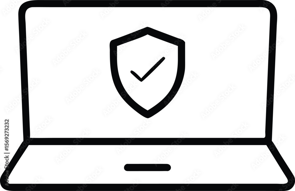 Poster laptop computer screen displaying a shield icon with a checkmark for security