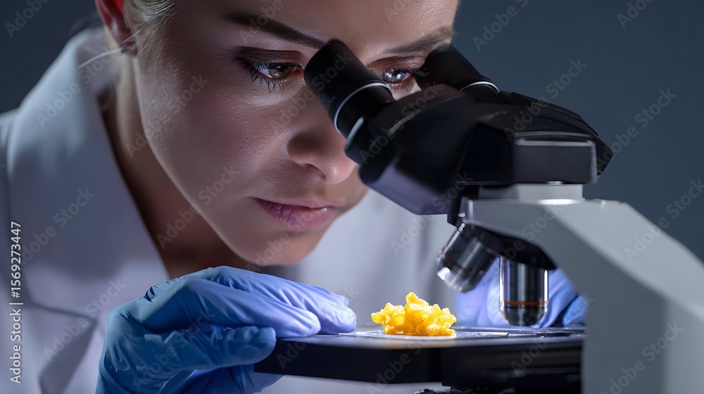 Poster scientist examining a sample under a microscope in a laboratory.