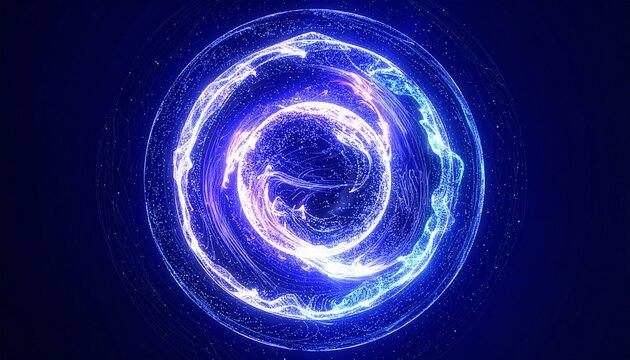 Magnetic vortex of glowing particles swirling around a central orb of pure energy. Deep cosmic tone