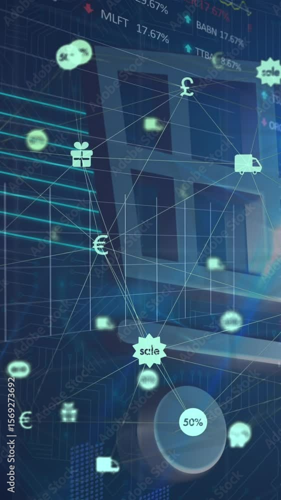 Poster animation of shopping card icon with connected technological icons over moving graphs