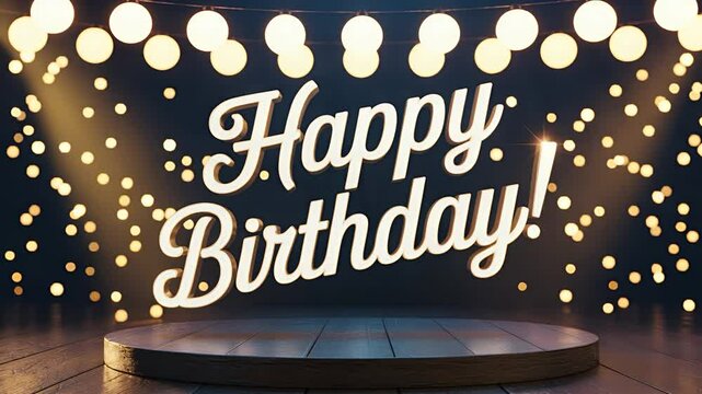 Birthday Stage: A festive birthday celebration stage, illuminated with warm fairy lights and a glowing "Happy Birthday" message, evoking a sense of joy and anticipation for the special day.