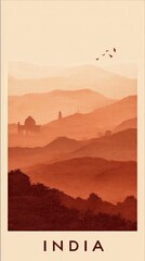 Indian Amber Landscape Ink Painting Poster with Layered Hills, Temple Dome, and Gliding Birds.