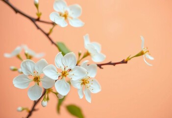Obraz premium Delicate white blossoms on a soft peach backdrop, card background, greeting card design