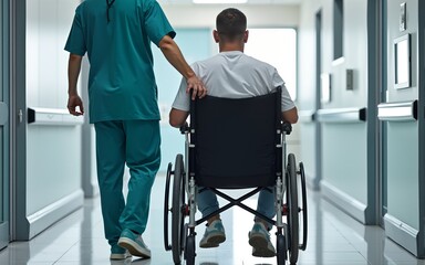 Wheelchair, disability and man holding wheel in hospital for medical care. High quality