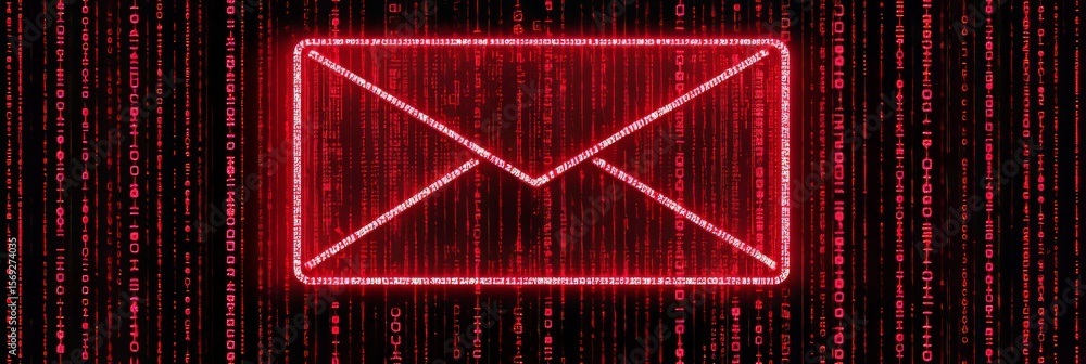 Poster red email envelope illuminated on binary code stream representing phishing and cybersecurity threats