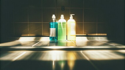 Colorful Trio of Household Cleaners Reflected on Polished Kitchen Surface