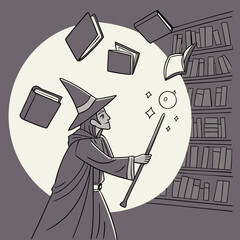 Wizard Casting Spell with Floating Books – Enchanted Library Scene, Arcane Magic Illustration, Fantasy Spellcaster Art, Mystical Academia Aesthetic, Dynamic Wizardry Moment
