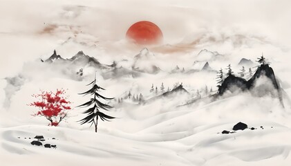 Minimalist Chinese Ink Painting Of Tranquil Winter Landscape