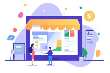 E-commerce interaction showcase online store illustration digital environment eye-level viewpoint engagement concept