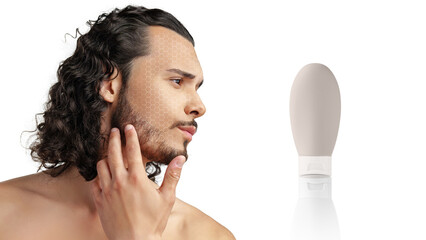 Grooming routine with a focus on skincare and hair care for men in a modern setting