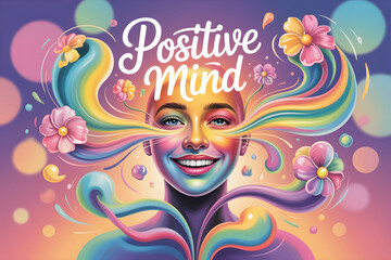 Woman with positive mind and colorful flowers emanating from head