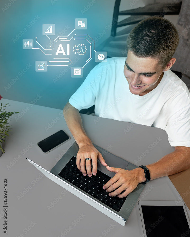 Aufkleber young man engaged in creative work using a laptop and exploring artificial intelligence concepts at 