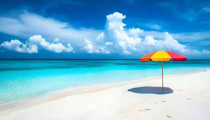 Fototapeta premium Tropical beach scene with colorful umbrella and flip flops on white sandy shore