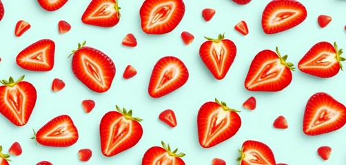 Seamless pattern of vibrant strawberry slices on a summery background, design element, colorful