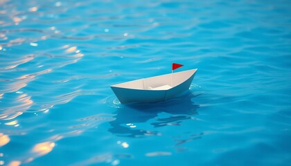 Fototapeta premium Small paper boat afloat on a vast, blue educational sea, dreams, symbol