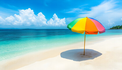 Tropical beach scene with colorful umbrella and flip flops on white sandy shore