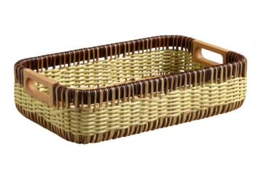 A rectangular wicker basket with wooden handles isolated on transparent background
