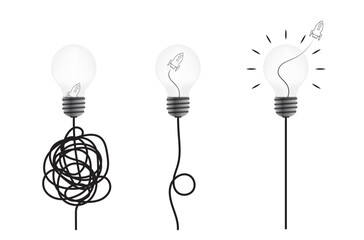 Lightbulb set with cable knot, rocket spaceship. Idea, problem solving, complex business process resolving concept vector design with 3d lightbulb, wire, spacecraft.