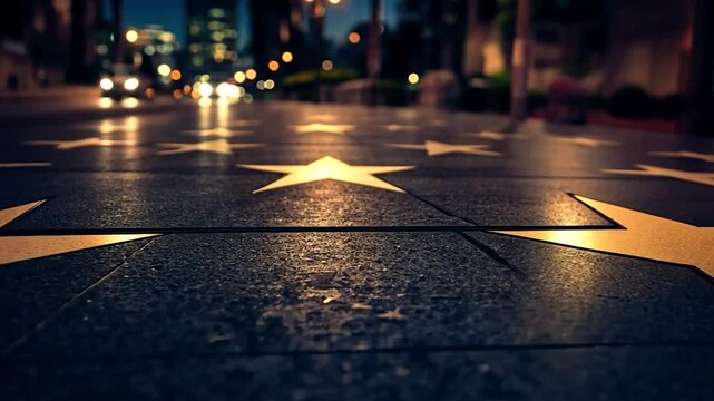 Golden stars on a dark paved walkway at night