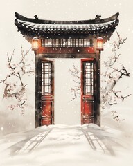 Minimalist Chinese Winter Solstice Scene With Lantern Gate