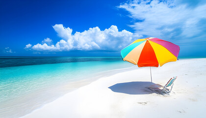 Tropical beach scene with colorful umbrella and flip flops on white sandy shore