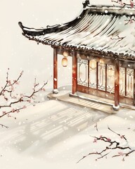 Minimalist Winter Solstice Illustration of a Snowy East Asian Building
