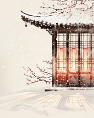 Minimalist Winter Scene Of Traditional Chinese Building