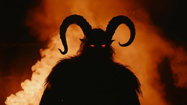 Silhouette of Krampus with Glowing Red Eyes and Smoke Against Night Sky

