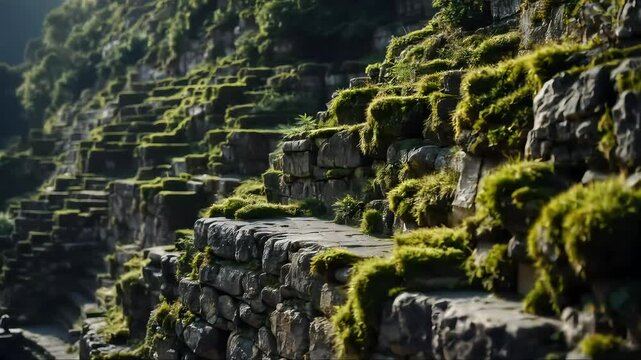 Cinematic pan across the Temple of the Sun and Intihuatana moss clinging to terraced stone