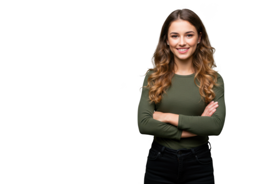 Smiling young woman with long wavy hair wearing a green top and jeans isolated on transparent background