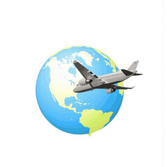 Airplane flying over Earth globe with blue and green colors  