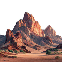 Red rock mountain range rising from desert floor with transparent background