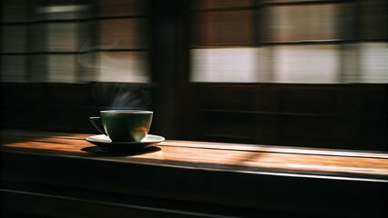 Tranquil Moment with Hot  Tea on Rustic Wooden Surface