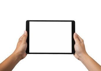 Hands Holding a Tablet with a Blank Screen isolated on transparent baackground