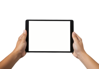 Hands Holding a Tablet with a Blank Screen isolated on transparent baackground