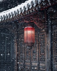 Elegant Lantern Under Snowy Eaves Illuminates Antique Carvings