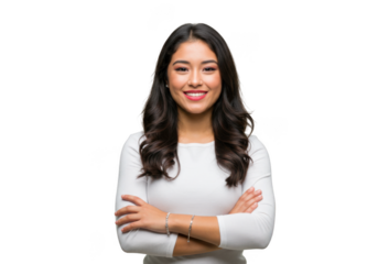 Young woman with dark wavy hair smiling confidently with arms crossed isolated on transparent background