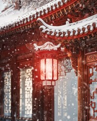 Elegant Lantern Illuminating Snowy Palace Scene at Dongzhi Festival