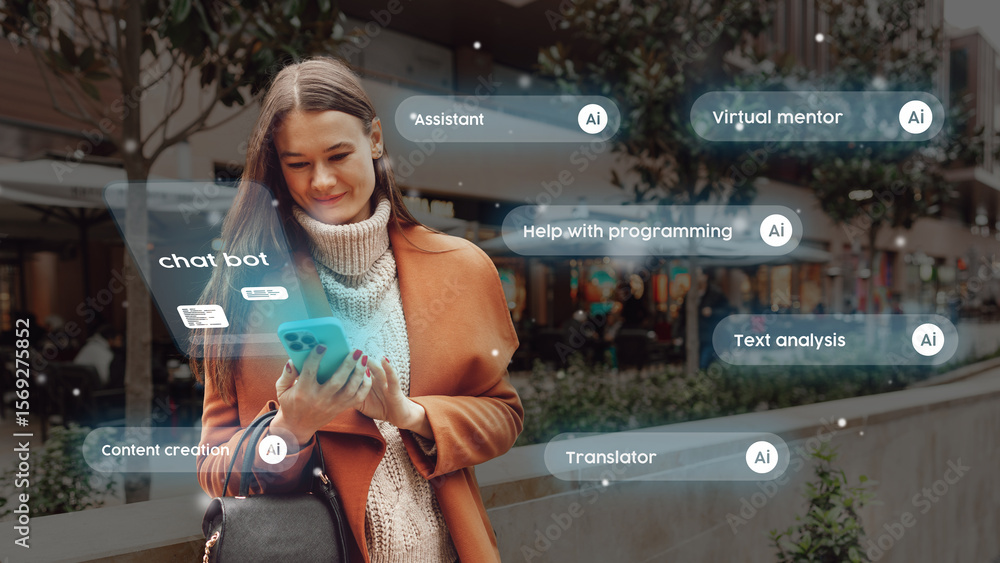 Poster young woman engaging with ai chatbot on smartphone in urban setting while smiling and exploring tech