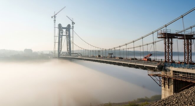 Suspension bridge on a foggy morning with cranes. Structural engineering and construction industry advancements for infrastructure development.