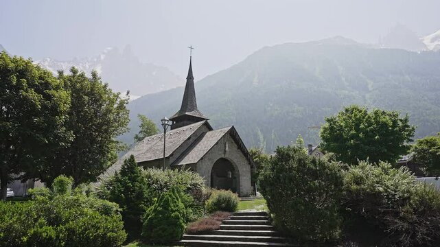 Les Praz Church Tower In Chamonix, France