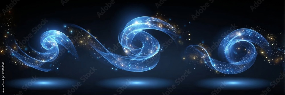 Poster abstract blue glowing swirls with sparkling particles and smooth flowing waves in a mystical design