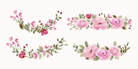 beautiful pink floral border watercolor collection; pink floral composition set