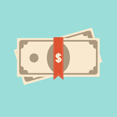 Stack of dollar bills wrapped with ribbon on light blue background  