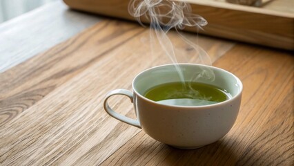 Steaming Cup of Green Tea Resting on a Warm Wooden Tabletop
