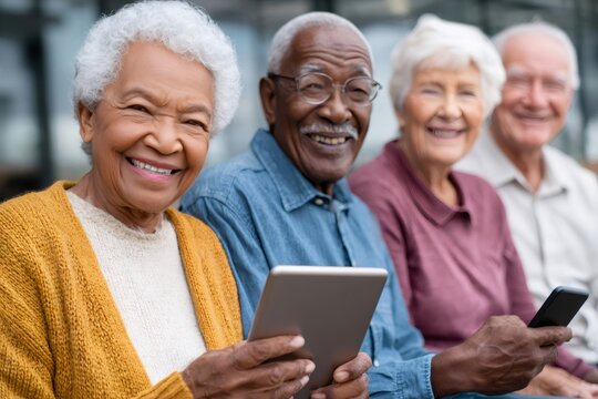 Happy senior friends using digital tablet and smartphone outdoors