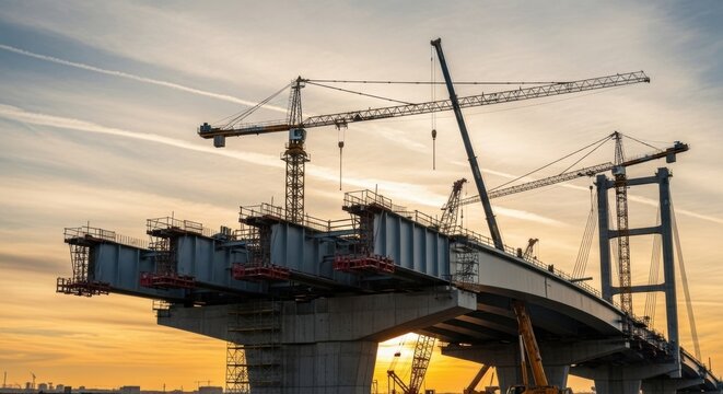 Large bridge under construction at sunset with tower cranes. Infrastructure development and massive engineering project. - Powered by Adobe